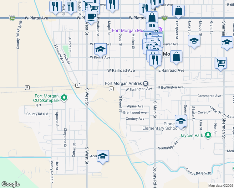map of restaurants, bars, coffee shops, grocery stores, and more near 102 South Deuel Street in Fort Morgan
