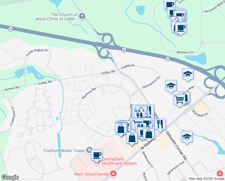 map of restaurants, bars, coffee shops, grocery stores, and more near 82 Pagoda Lane in Freehold