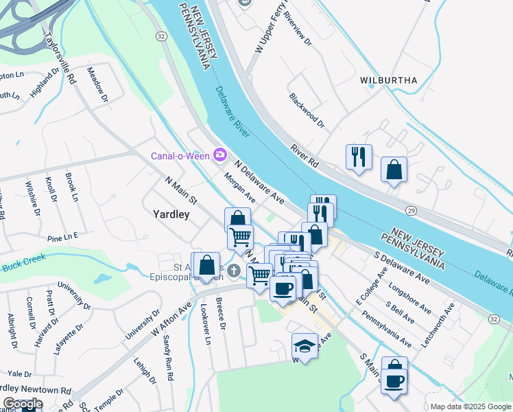 map of restaurants, bars, coffee shops, grocery stores, and more near 55 Morgan Avenue in Yardley