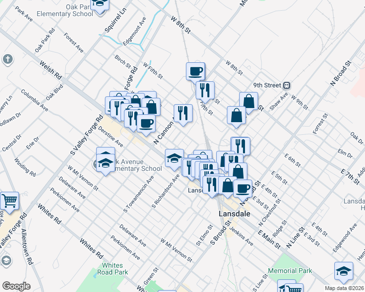 map of restaurants, bars, coffee shops, grocery stores, and more near 518 West 3rd Street in Lansdale