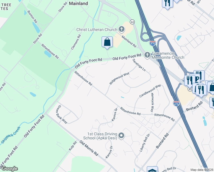 map of restaurants, bars, coffee shops, grocery stores, and more near 11 Ridge Wood Way in Harleysville