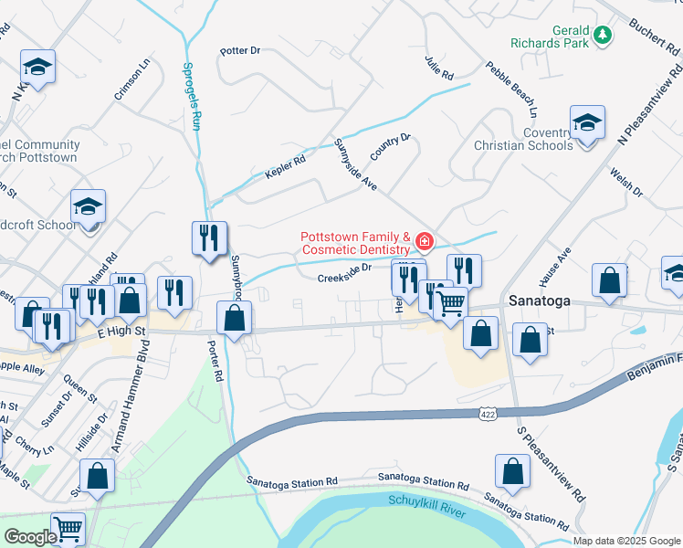 map of restaurants, bars, coffee shops, grocery stores, and more near 233 Creekside Drive in Pottstown