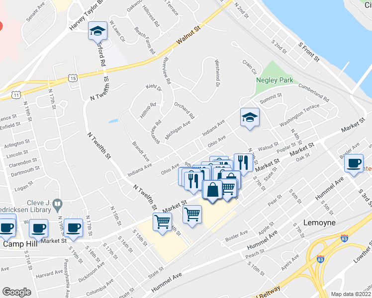 map of restaurants, bars, coffee shops, grocery stores, and more near 81 West Park Avenue in Lemoyne