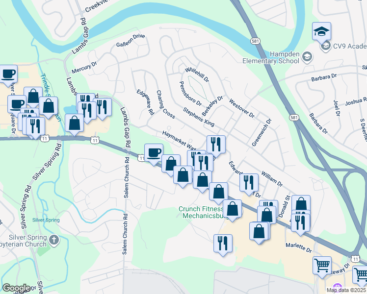 map of restaurants, bars, coffee shops, grocery stores, and more near 6135 Haymarket Way in Mechanicsburg