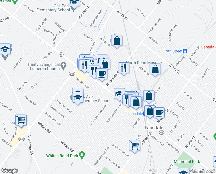 map of restaurants, bars, coffee shops, grocery stores, and more near 651 West Main Street in Lansdale