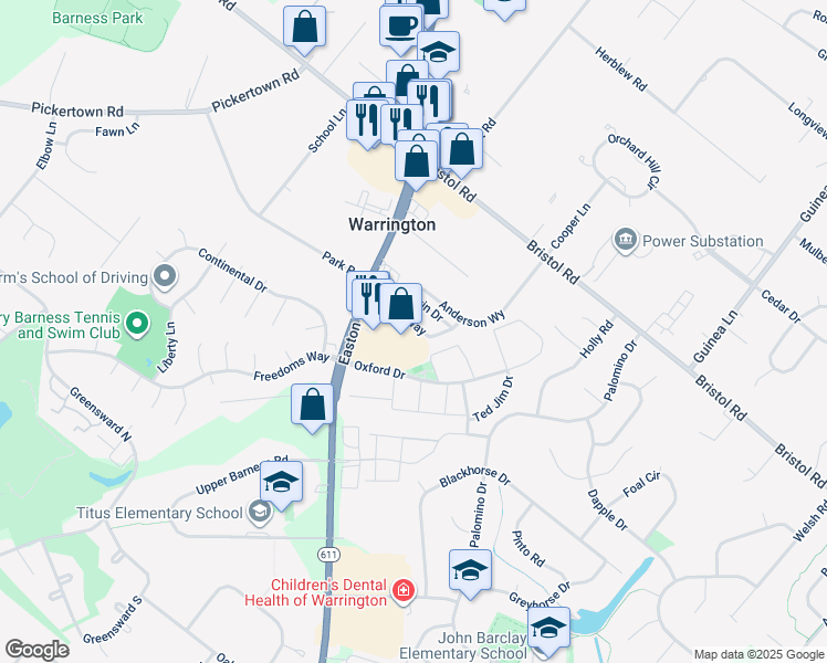 map of restaurants, bars, coffee shops, grocery stores, and more near 2242 Matts Way in Warrington