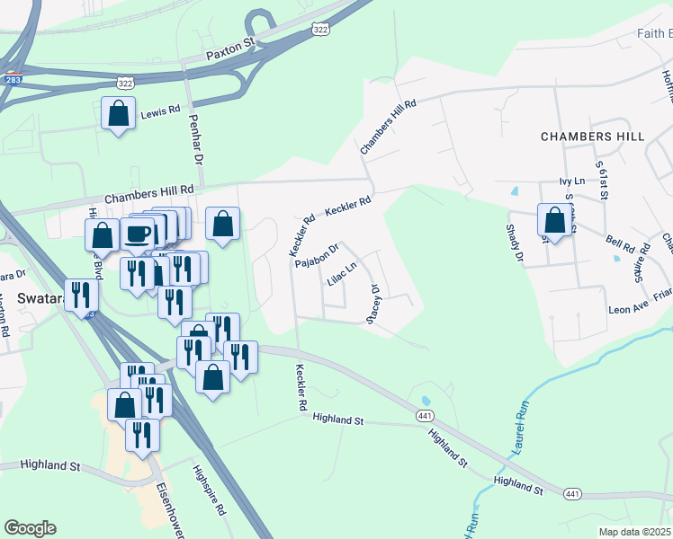 map of restaurants, bars, coffee shops, grocery stores, and more near 5030 Lilac Lane in Harrisburg