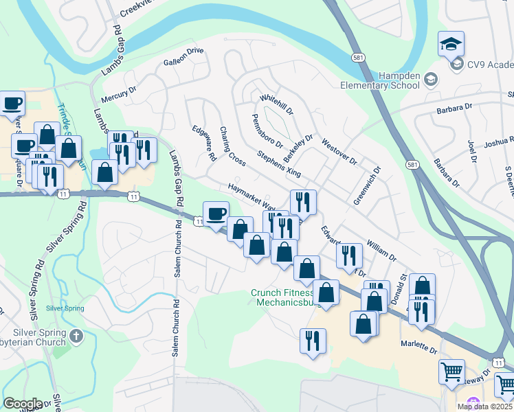 map of restaurants, bars, coffee shops, grocery stores, and more near 6135 Haymarket Way in Mechanicsburg