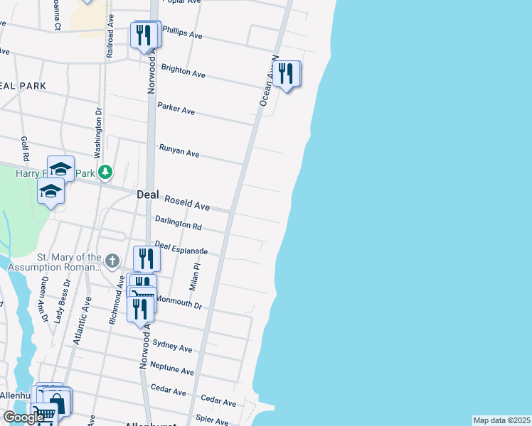 map of restaurants, bars, coffee shops, grocery stores, and more near 1 Roseld Avenue in Deal