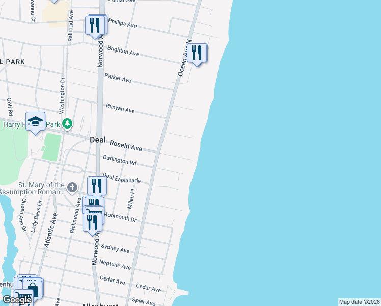 map of restaurants, bars, coffee shops, grocery stores, and more near 1 Roseld Avenue in Deal