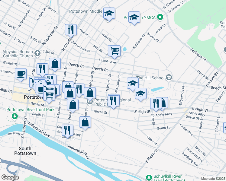 map of restaurants, bars, coffee shops, grocery stores, and more near 622 Chestnut Street in Pottstown