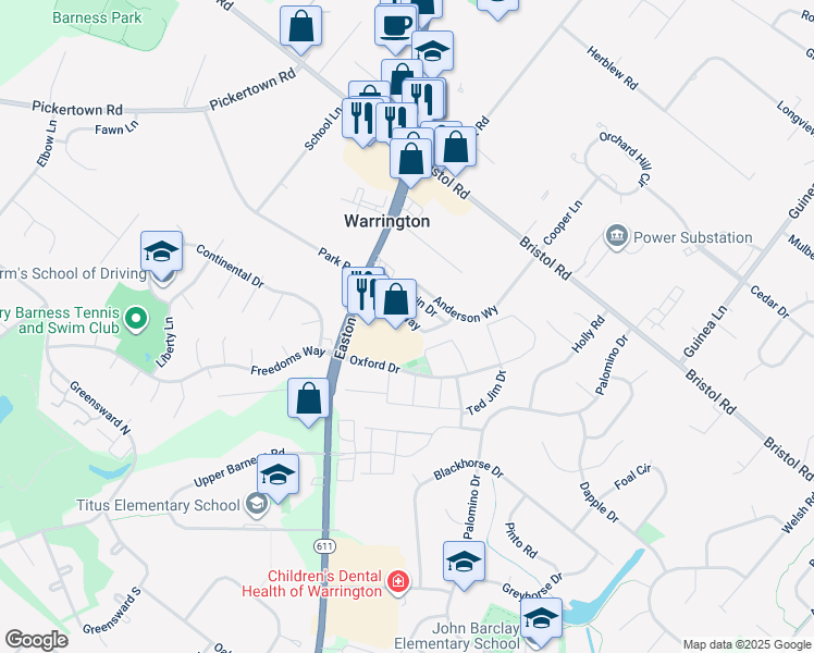 map of restaurants, bars, coffee shops, grocery stores, and more near 2242 Matts Way in Warrington