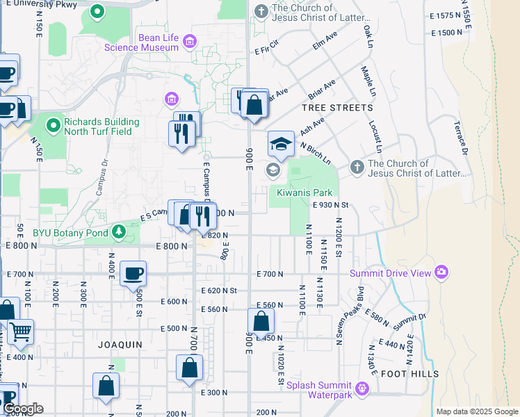 map of restaurants, bars, coffee shops, grocery stores, and more near 972 900 East in Provo