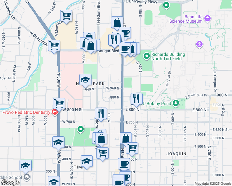 map of restaurants, bars, coffee shops, grocery stores, and more near 67 West 960 North in Provo