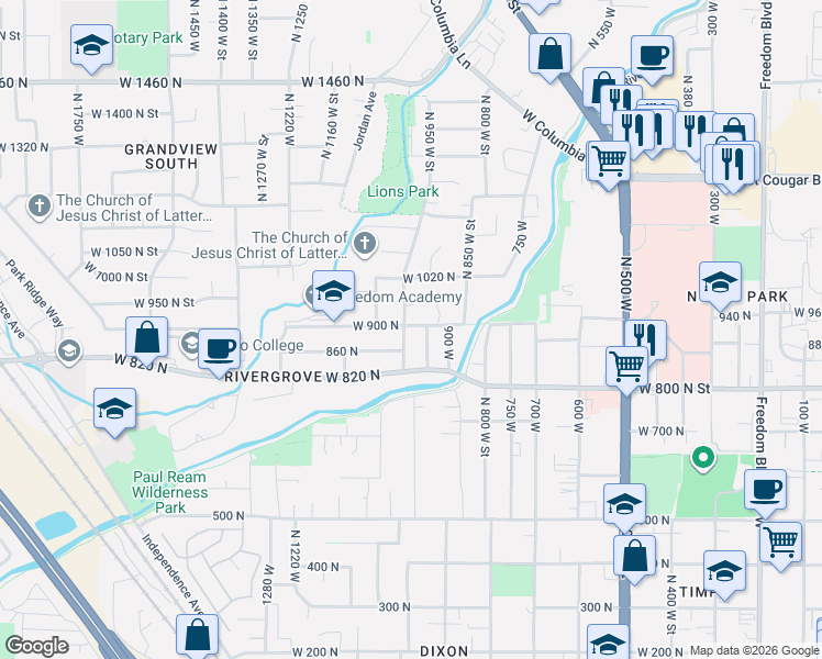 map of restaurants, bars, coffee shops, grocery stores, and more near 919 North 1000 West in Provo