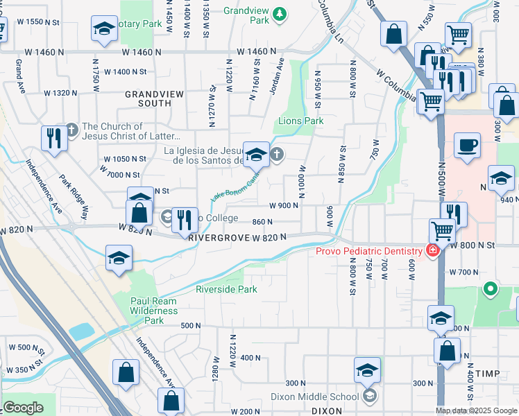 map of restaurants, bars, coffee shops, grocery stores, and more near 1104 West 900 North in Provo