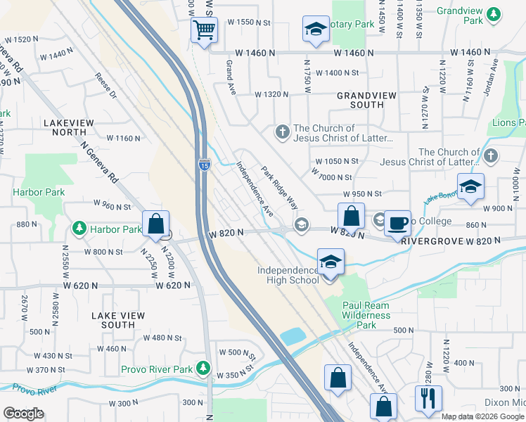 map of restaurants, bars, coffee shops, grocery stores, and more near 935 Independence Avenue in Provo