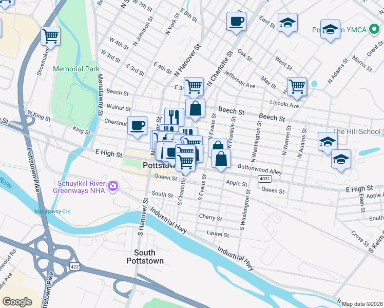 map of restaurants, bars, coffee shops, grocery stores, and more near 323 King Street in Pottstown