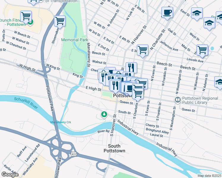 map of restaurants, bars, coffee shops, grocery stores, and more near 146 King Street in Pottstown
