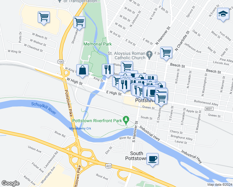 map of restaurants, bars, coffee shops, grocery stores, and more near 41 East High Street in Pottstown
