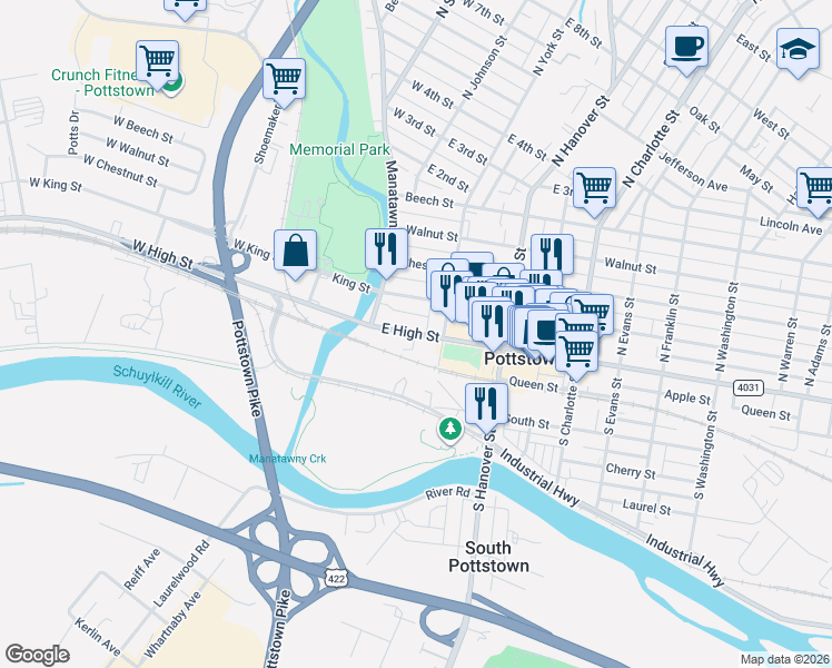 map of restaurants, bars, coffee shops, grocery stores, and more near 41 East High Street in Pottstown