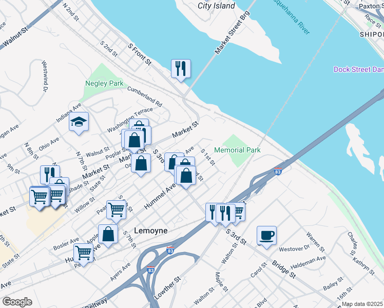 map of restaurants, bars, coffee shops, grocery stores, and more near 115 South 1st Street in Lemoyne