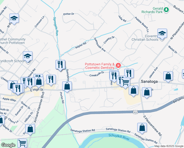 map of restaurants, bars, coffee shops, grocery stores, and more near 219 Creekside Drive in Pottstown