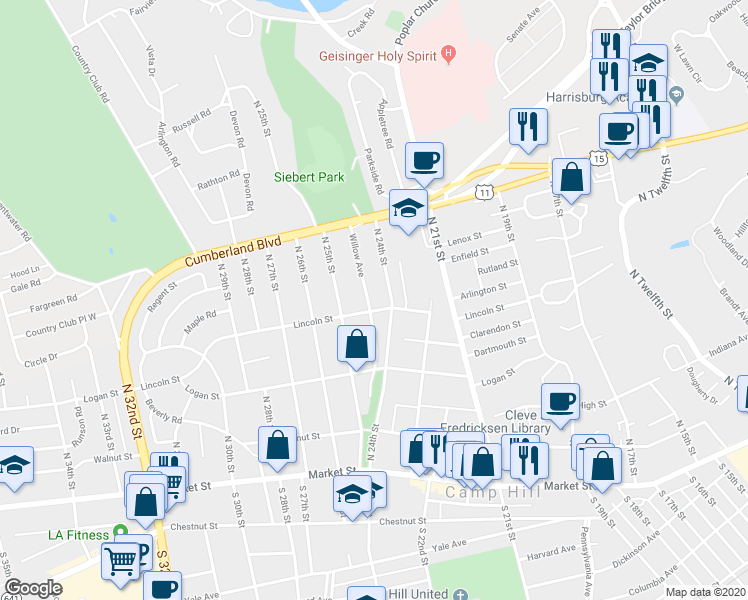 map of restaurants, bars, coffee shops, grocery stores, and more near 311 Willow Avenue in Camp Hill