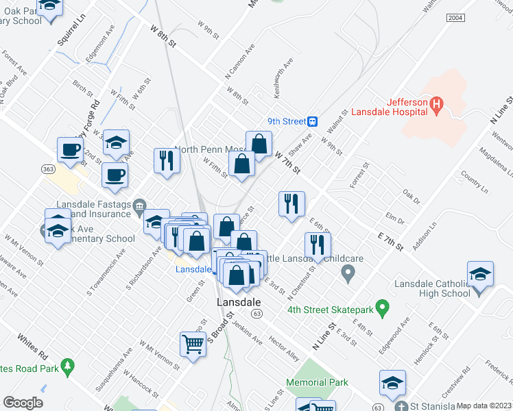 map of restaurants, bars, coffee shops, grocery stores, and more near 118 West 5th Street in Lansdale