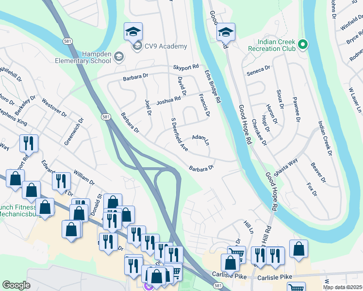 map of restaurants, bars, coffee shops, grocery stores, and more near 5116 South Deerfield Avenue in Mechanicsburg
