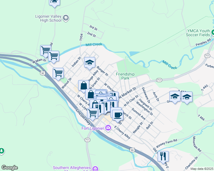 map of restaurants, bars, coffee shops, grocery stores, and more near 216 West Vincent Street in Ligonier