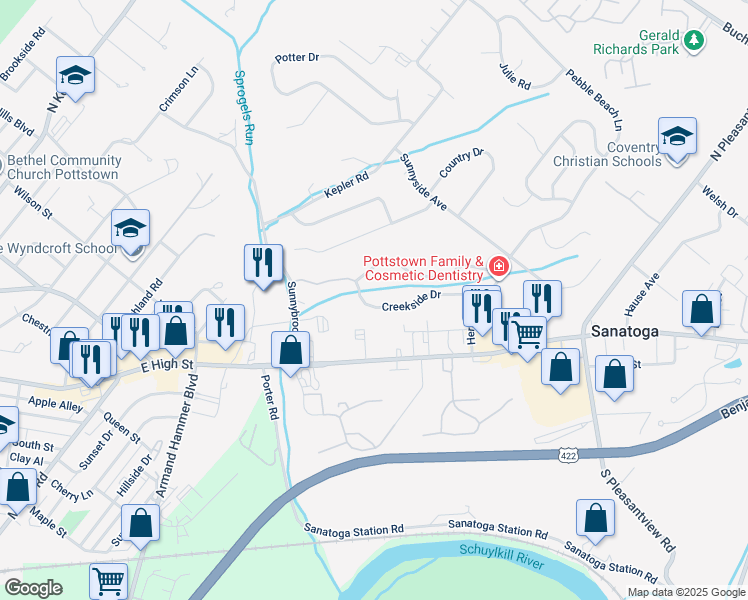 map of restaurants, bars, coffee shops, grocery stores, and more near 205 Creekside Drive in Pottstown