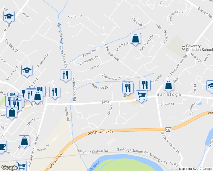 map of restaurants, bars, coffee shops, grocery stores, and more near 233 Creekside Drive in Pottstown