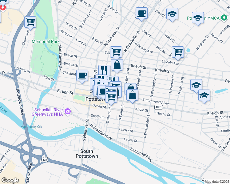 map of restaurants, bars, coffee shops, grocery stores, and more near 323 King Street in Pottstown