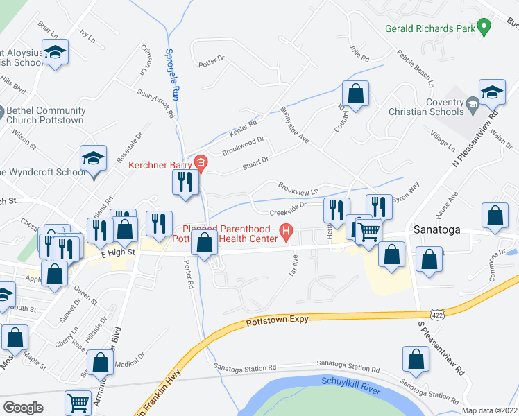 map of restaurants, bars, coffee shops, grocery stores, and more near 201 Creekside Drive in Pottstown