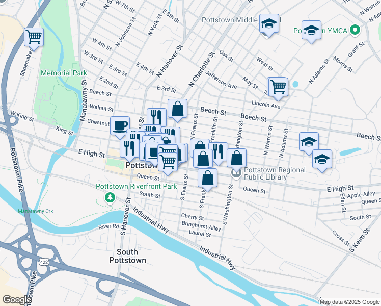 map of restaurants, bars, coffee shops, grocery stores, and more near N Evans St & E King St in Pottstown