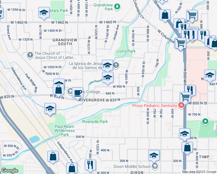 map of restaurants, bars, coffee shops, grocery stores, and more near 1190 West 900 North in Provo