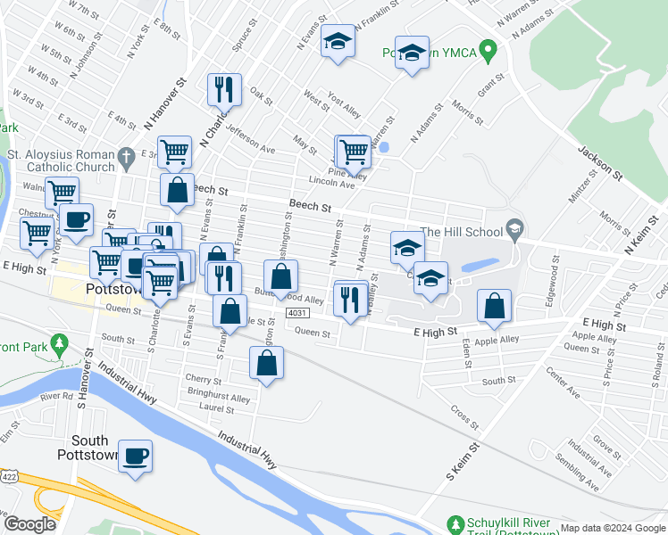 map of restaurants, bars, coffee shops, grocery stores, and more near 78 North Warren Street in Pottstown