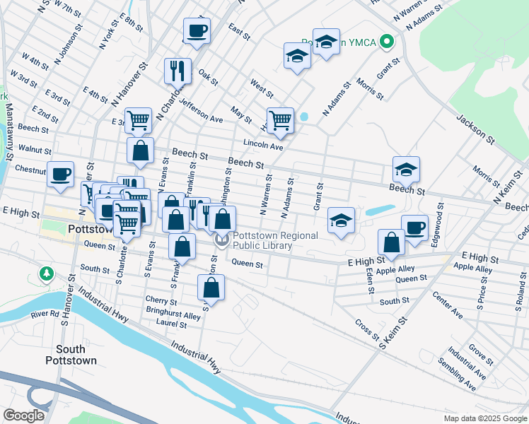 map of restaurants, bars, coffee shops, grocery stores, and more near 78 North Warren Street in Pottstown
