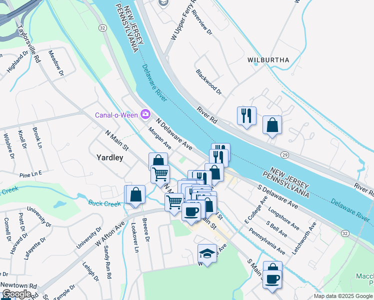 map of restaurants, bars, coffee shops, grocery stores, and more near 41 North Delaware Avenue in Yardley