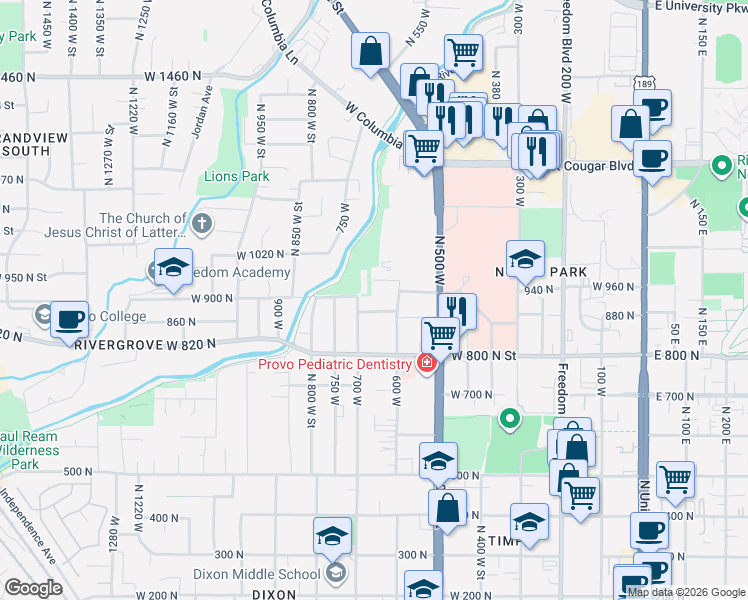 map of restaurants, bars, coffee shops, grocery stores, and more near 667 West 980 North in Provo