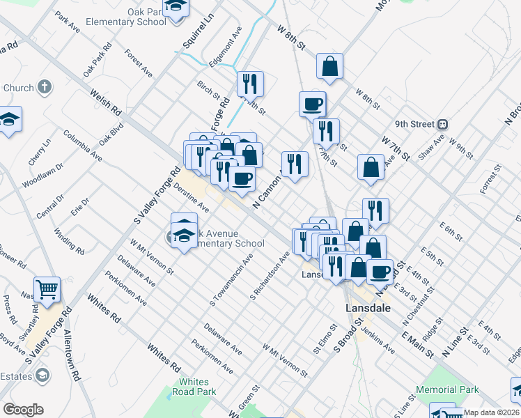 map of restaurants, bars, coffee shops, grocery stores, and more near 10 North Cannon Avenue in Lansdale