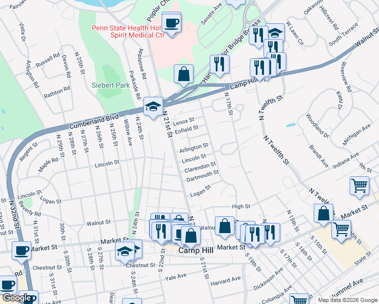 map of restaurants, bars, coffee shops, grocery stores, and more near 1916 Arlington Street in Camp Hill