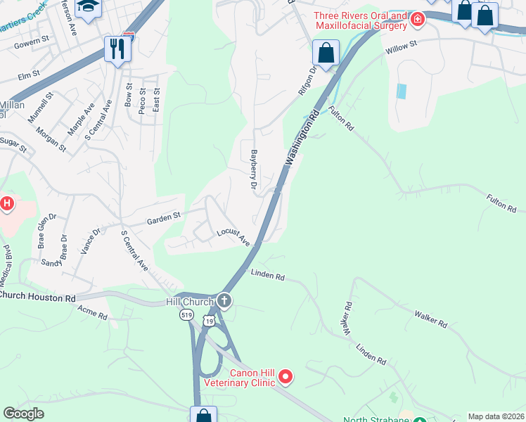 map of restaurants, bars, coffee shops, grocery stores, and more near 1044 Bayberry Drive in Canonsburg
