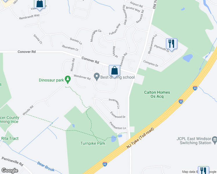 map of restaurants, bars, coffee shops, grocery stores, and more near 14 Allerton Way in East Windsor