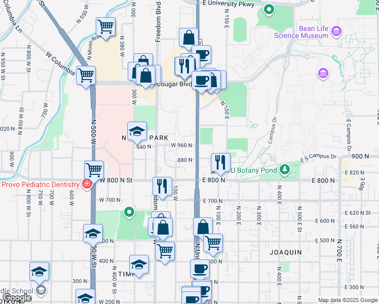 map of restaurants, bars, coffee shops, grocery stores, and more near 935 North University Avenue in Provo