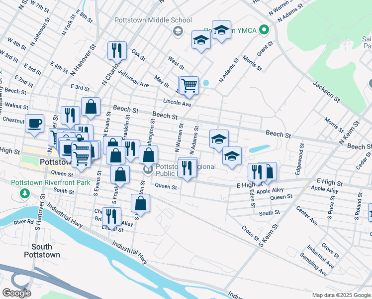 map of restaurants, bars, coffee shops, grocery stores, and more near 620 Chestnut Street in Pottstown