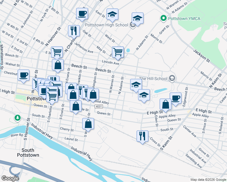 map of restaurants, bars, coffee shops, grocery stores, and more near 106 North Warren Street in Pottstown