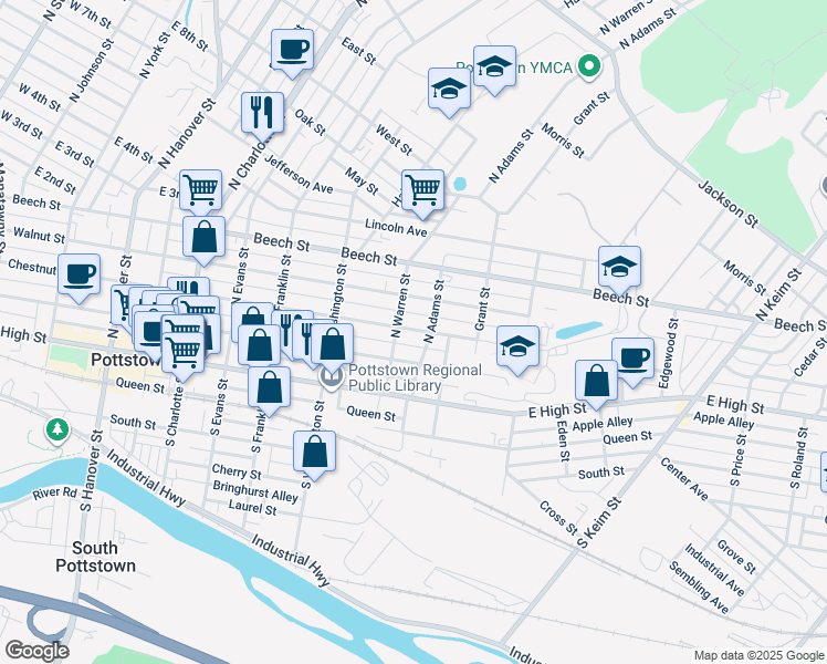 map of restaurants, bars, coffee shops, grocery stores, and more near 618 Chestnut Street in Pottstown