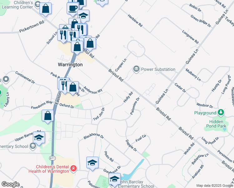 map of restaurants, bars, coffee shops, grocery stores, and more near 2191 Winterberry Court in Warrington